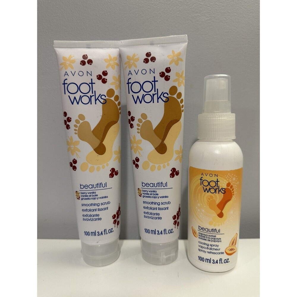 (3) Avon Foot Works Lot Beautiful Berry Vanilla  Smoothing Scrub & Papaya Spray